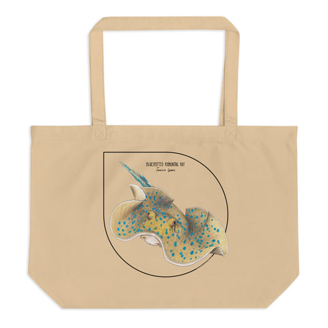 Mock-up of our large Bluespotted ribbontail ray tote bag. made from 100% organic cotton.