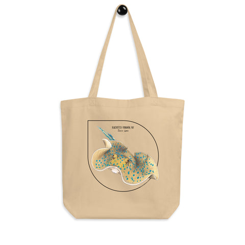 Mock-up of our Bluespotted ribbontail ray tote bag. made from 100% organic cotton.