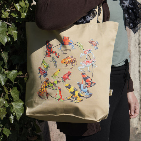 outdoor photo carried by a model. this is our poison dart frog tote bag with a selection of different oophaga-frogs.