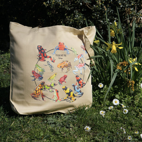 sunny outdoor photo of our poison dart frog tote bag with a selection of different oophaga-frogs.