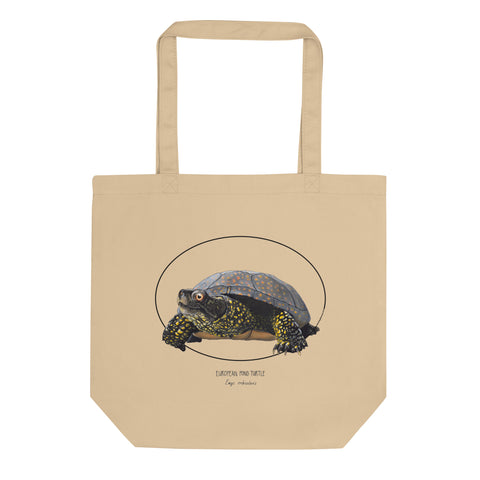 Standard size tote bag made out of 100% organic cotton. This print features a friendly European Pond Turtle.