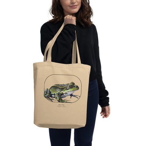 Standard size tote bag made from 100% organic cotton. This marsh frog print was lovingly hand-crafted with lots of detail.