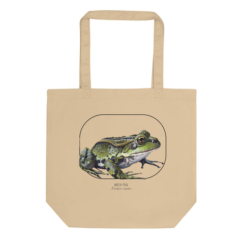 Standard size tote bag made from 100% organic cotton. This marsh frog print was lovingly hand-crafted with lots of detail.