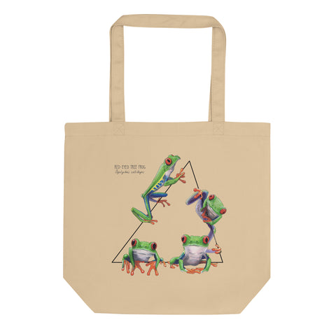 Product photo of a Red-Eyed Tree Frog Tote Bag. 100% organic cotton, sturdy bag with one big compartment.
