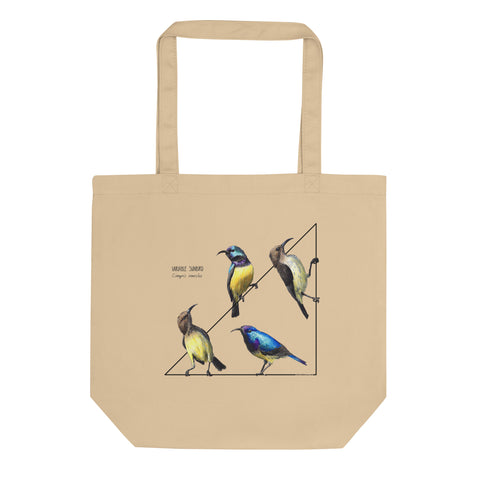 Standard size organic tote bag with a lively print of 4 variable sunbirds.looking at each other, 2 males and 2 females.