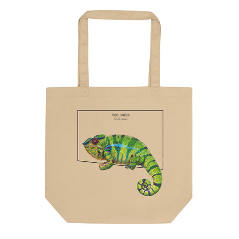 Sketchy Blenny tote bag with a print of a stunning green panther chameleon. Beautiful print of a hand-drawn animal, 100% organic cotton. Beach bag, shopping bag, travel bag, or just as a present. PETA-approved vegan.