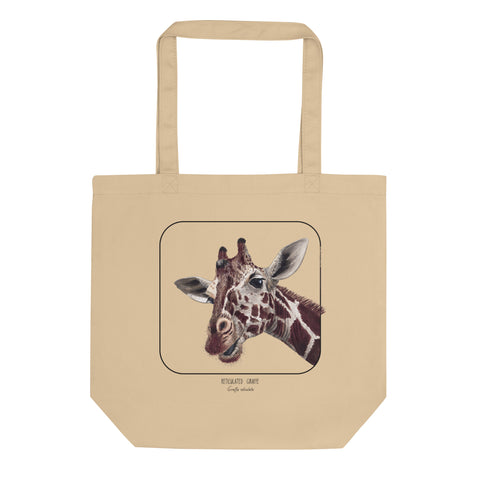 Our sturdy, spacious bag, this one shows a friendly reticulated giraffe. 100% organic cotton. Beach bag, shopping bag, library bag or just a present!