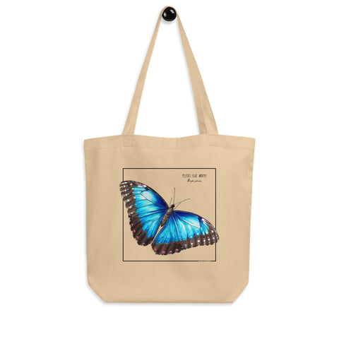 A mock up of our blue morpho tote bag. Versatile, sturdy, this bag can be used as shopping bag, gym bag or as any everyday bag!