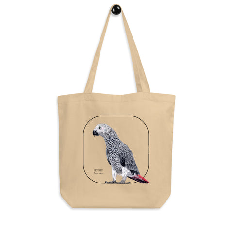 Mock up of our tote bag on a hanger. This sturdy bag comes with a beautiful print of a hand-drawn juvenile grey parrot. 100% organic cotton. Beach bag, shopping bag, travel bag, or just as a present. PETA-approved vegan.