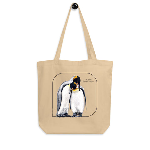 Product mockup of our sturdy tote bag. It comes with a beautiful print of a hand-drawn pair of king penguins huddled together. 100% organic cotton. Beach bag, shopping bag, travel bag, or just as a present.