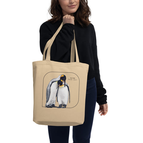 Product mockup of our sturdy tote bag. It comes with a beautiful print of a hand-drawn pair of king penguins huddled together. 100% organic cotton. Beach bag, shopping bag, travel bag, or just as a present.