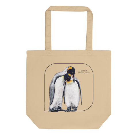 Product mockup of our sturdy tote bag. It comes with a beautiful print of a hand-drawn pair of king penguins huddled together. 100% organic cotton. Beach bag, shopping bag, travel bag, or just as a present.