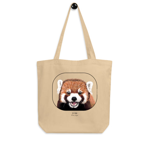 Product mockup of the organic cotton tote bag with cheeky red panda print.