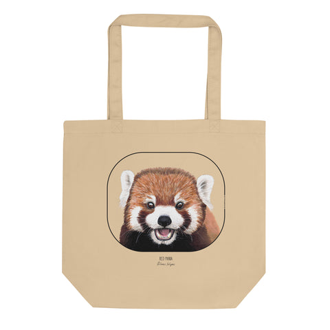 Product mockup of the organic cotton tote bag with cheeky red panda print.