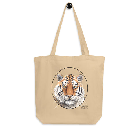 Product mockup of our organic cotton tote bag with a striking siberian tiger print.