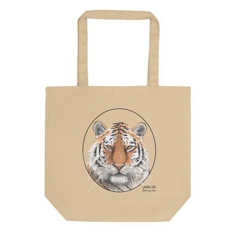Product mockup of our organic cotton tote bag with a striking siberian tiger print.