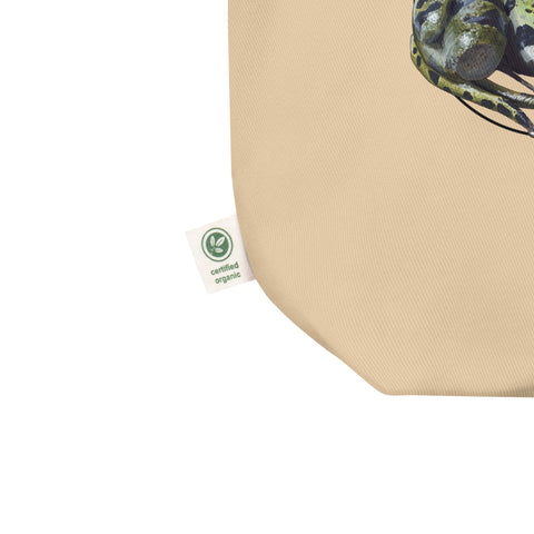 Large tote bag with the organic certificate label. Also PETA approved vegan.