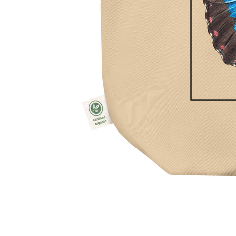 A mock up of our blue morpho tote bag. Versatile, sturdy, this bag can be used as shopping bag, gym bag or as any everyday bag!