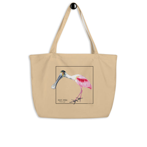 Large size tote bag with a print of a roseate Spoonbill. This bright pink bird adds a splash of colour to your day!