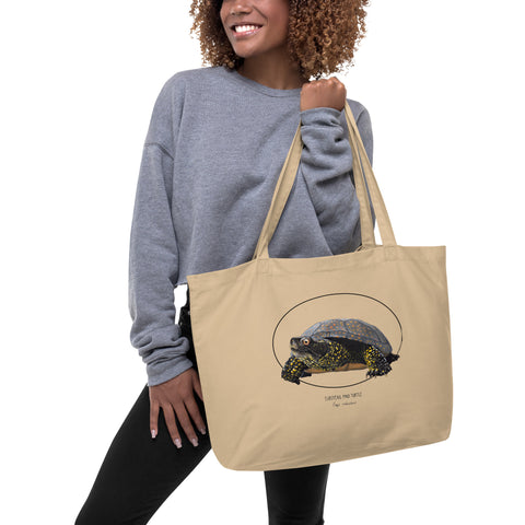 Large tote bag made out of 100% organic cotton. This print features a friendly European Pond Turtle.
