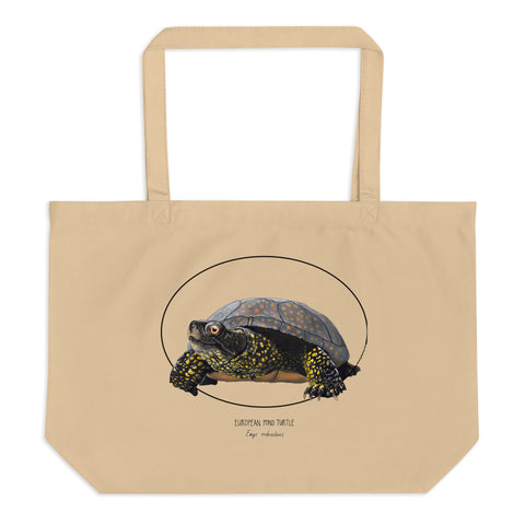 Large tote bag made out of 100% organic cotton. This print features a friendly European Pond Turtle.