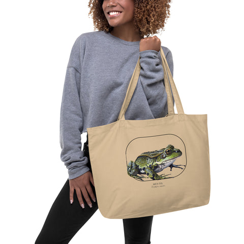 Large size tote bag made from 100% organic cotton. This marsh frog print was lovingly hand-crafted with lots of detail.