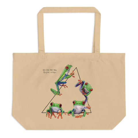 The large version of our Red-Eyed Tree Frog Tote Bag. 100% organic cotton, sturdy bag with one big compartment.