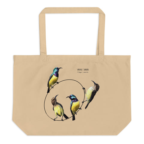 A large tote bag with variable sun birds on it. 100% organic!