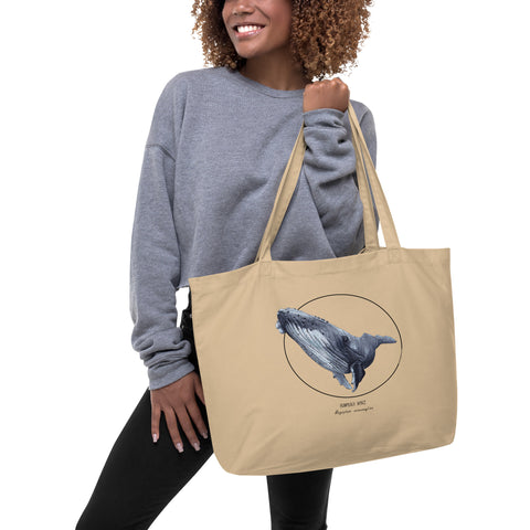 Large tote bag with print of a humpback whale. Beautiful hand-drawn bag, 100% organic cotton. Beach bag, shopping bag, travel bag, or just as a present. PETA-approved vegan.