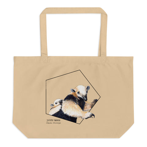 Large tote bag with a print of an adorable tamandua mom with a baby on the back. Beautiful print of a hand-drawn animal, 100% organic cotton. Beach bag, shopping bag, travel bag, or just as a present. PETA-approved vegan.