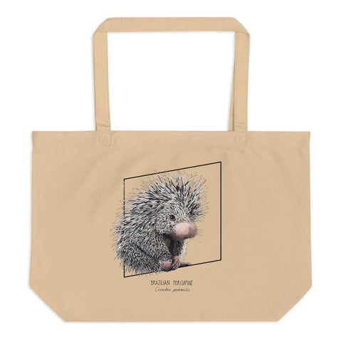 Large tote bag with print of a Brazilian porcupine. Beautiful print of hand-drawn animal, 100% organic cotton. Beach bag, shopping bag, travel bag, or just as a present. PETA-approved vegan.