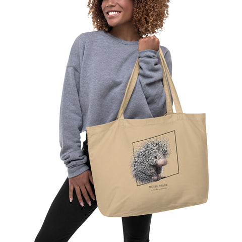Large tote bag with print of a Brazilian porcupine. Beautiful print of hand-drawn animal, 100% organic cotton. Beach bag, shopping bag, travel bag, or just as a present. PETA-approved vegan.