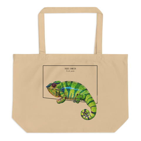 Large tote bag with a print of a colourful panther chameleon. Beautiful print of a hand-drawn animal, 100% organic cotton. Beach bag, shopping bag, travel bag, or just as a present. PETA-approved vegan.