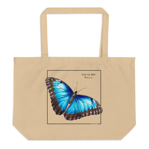 A mock up of our blue morpho tote bag. Versatile, sturdy, this bag can be used as shopping bag, gym bag or as any everyday bag. Or present!