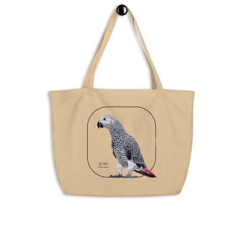 Mock up of our tote bag on a hanger. This sturdy bag comes with a beautiful print of a hand-drawn juvenile grey parrot. 100% organic cotton. Beach bag, shopping bag, travel bag, or just as a present. PETA-approved vegan.
