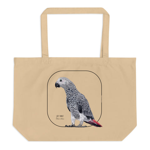 Mock up of our tote bag. This sturdy bag comes with a beautiful print of a hand-drawn juvenile grey parrot. 100% organic cotton. Beach bag, shopping bag, travel bag, or just as a present. PETA-approved vegan.