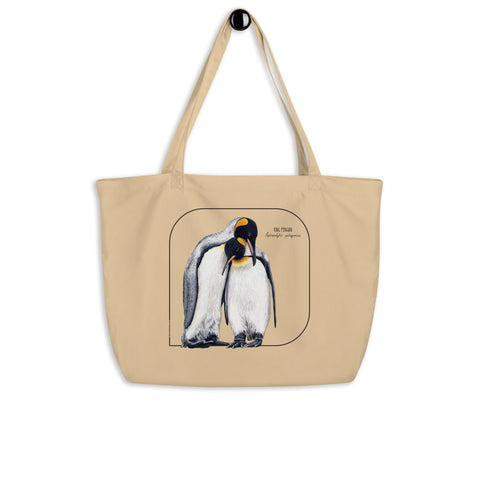 Product mockup of our large and sturdy tote bag. It comes with a beautiful print of a hand-drawn pair of king penguins huddled together. 100% organic cotton. Beach bag, shopping bag, travel bag, or just as a present.
