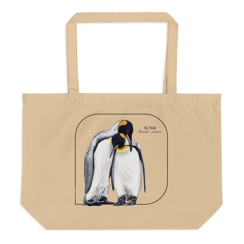 Product mockup of our large and sturdy tote bag. It comes with a beautiful print of a hand-drawn pair of king penguins huddled together. 100% organic cotton. Beach bag, shopping bag, travel bag, or just as a present.