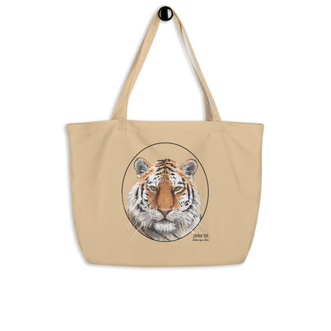 Product mockup of the organic tote bag with a beautiful siberian tiger print.