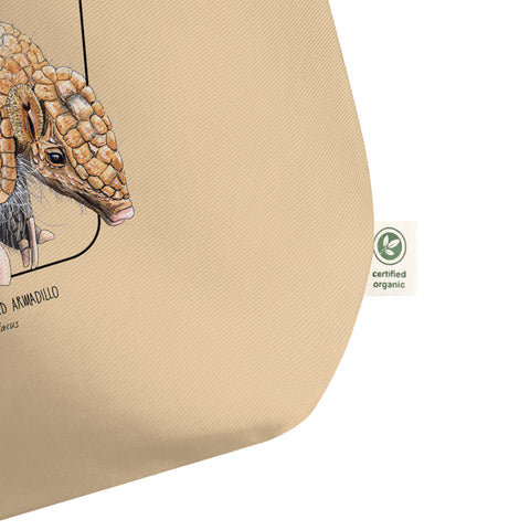 Large tote bag with the organic certificate label. Also PETA-approved vegan and GOTS-certified.