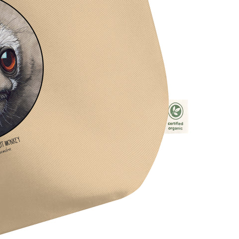 Large tote bag with a print of a grey-handed night monkey. Beautiful print of hand-drawn animal, 100% organic cotton. Beach bag, shopping bag, travel bag, or just as a present. PETA-approved vegan.
