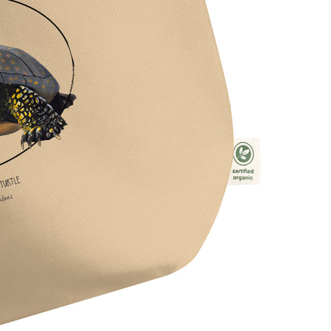 Large tote bag with the organic certificate label. Also PETA approved vegan.