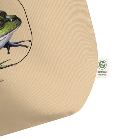 Large tote bag with the organic certificate label. Also PETA approved vegan.
