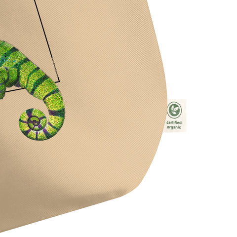 Large tote bag with a print of a colourful panther chameleon. Beautiful print of a hand-drawn animal, 100% organic cotton. Beach bag, shopping bag, travel bag, or just as a present. PETA-approved vegan.