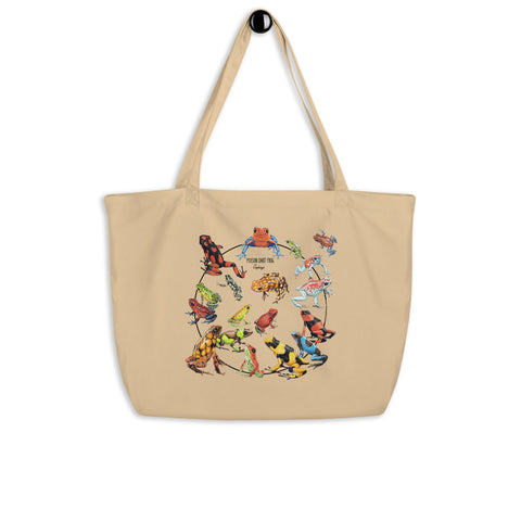 Product mockup of a large tote bag featuring a collection of oophaga (poison dart frogs). 100%organic cotton.
