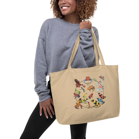 Product mockup of a large tote bag on a model, featuring a collection of oophaga (poison dart frogs). 100%organic cotton.