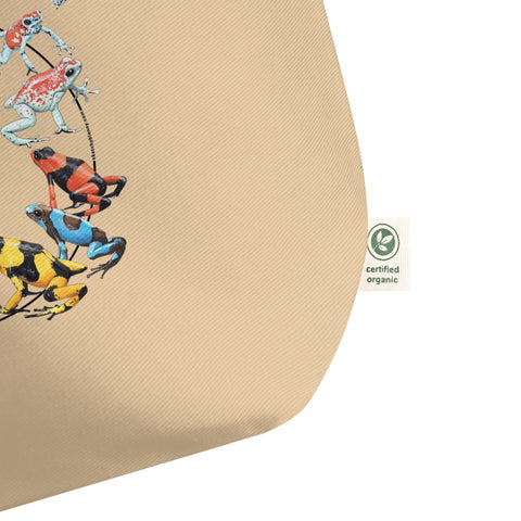 Product mockup of a large tote bag featuring a collection of oophaga (poison dart frogs). 100%organic cotton.