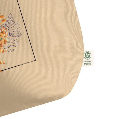 Product mockup detail of our large red lionfish tote bag. 100% organic and vegan.