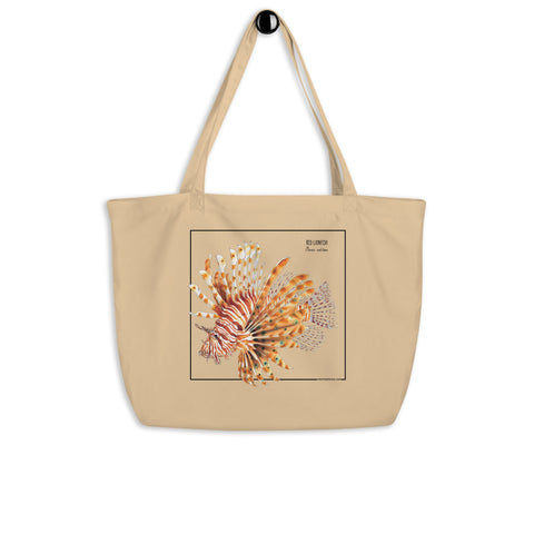Product mockup of our large red lionfish tote bag. 100% organic and vegan.