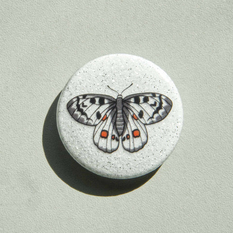 A white sparkly magnet featuring an apollo butterfly leans on a white table.